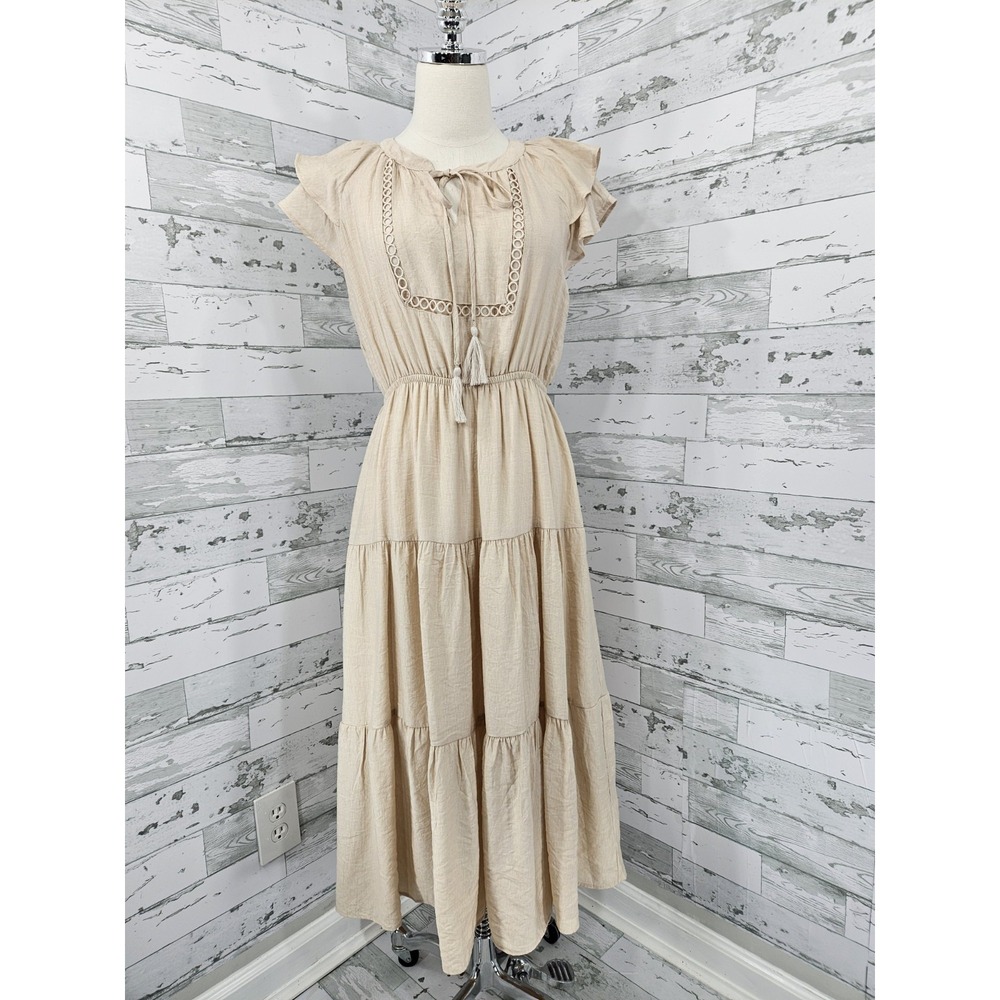 By The River Beige Boho Tiered‎ Flowy Midi Dress Women Medium